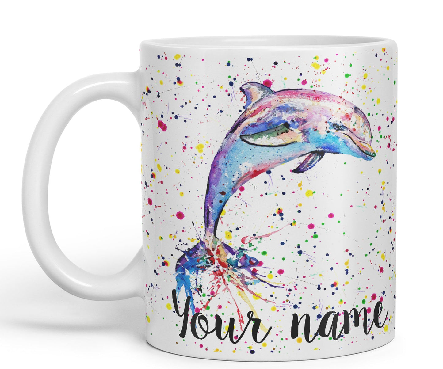 Vixar Personalised with Your Text Dolphin Sea Animal Watercolour Art Coloured Ceramic Mug Cup Gift 330ml 11oz Custom Work Office Tea Coffee