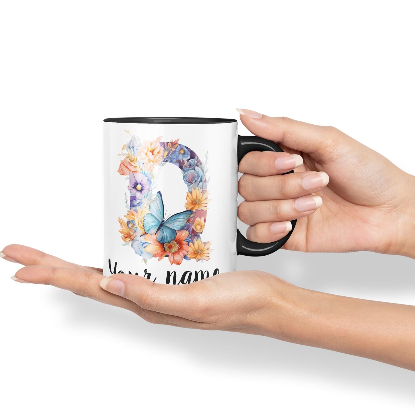 Personalised Letter Q mug, Customized Custom Floral flowers butterfly Alphabet Letter Q Monogram watercolour Ceramic Coloured Mug Cup for Tea Coffee Hot brew 330ml 11Oz Gift