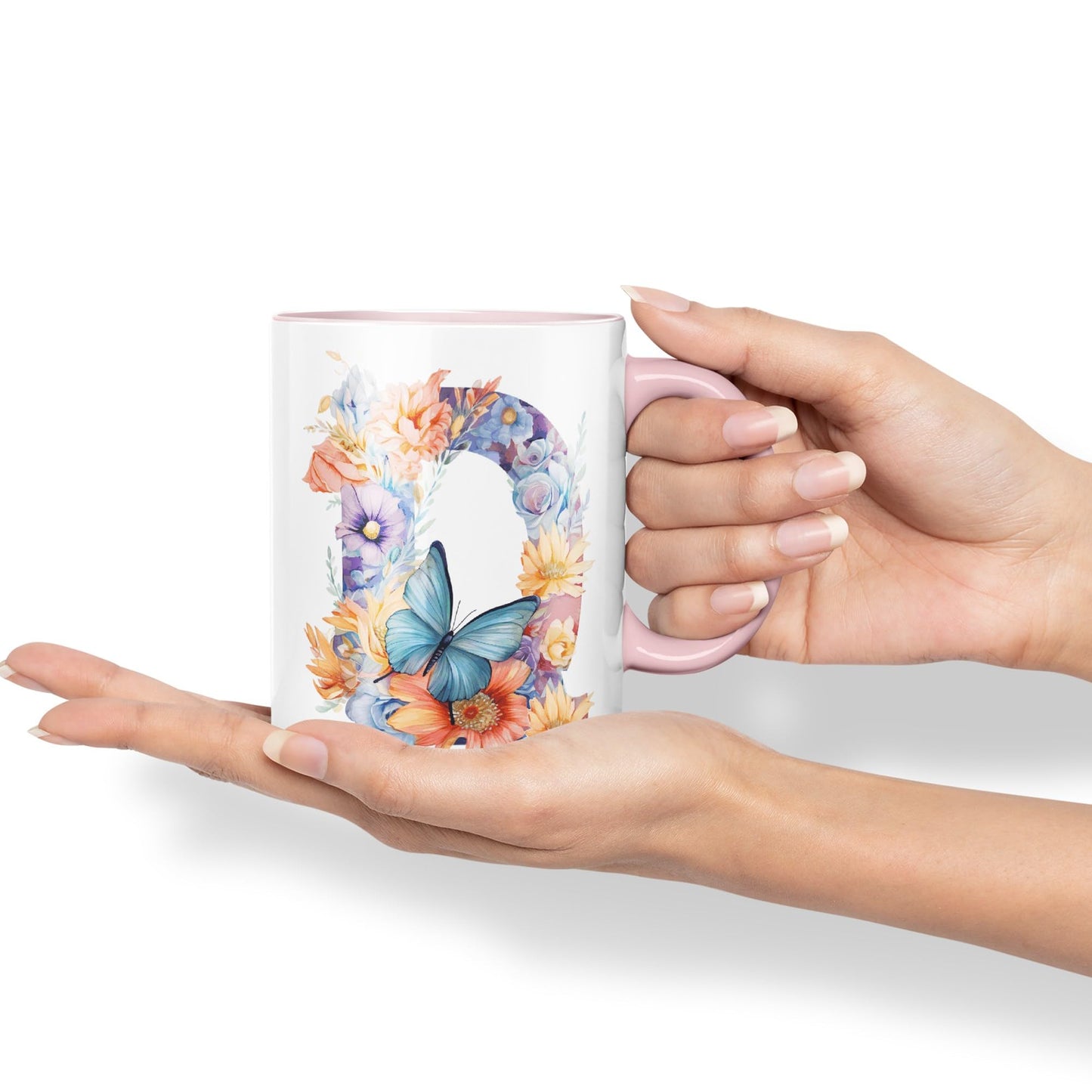Letter Q mug, Floral flowers butterfly Alphabet Letter Q Monogram watercolour Ceramic Coloured Mug Cup for Tea Coffee Hot brew 330ml 11Oz Gift