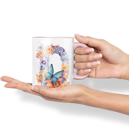 Letter Q mug, Floral flowers butterfly Alphabet Letter Q Monogram watercolour Ceramic Coloured Mug Cup for Tea Coffee Hot brew 330ml 11Oz Gift