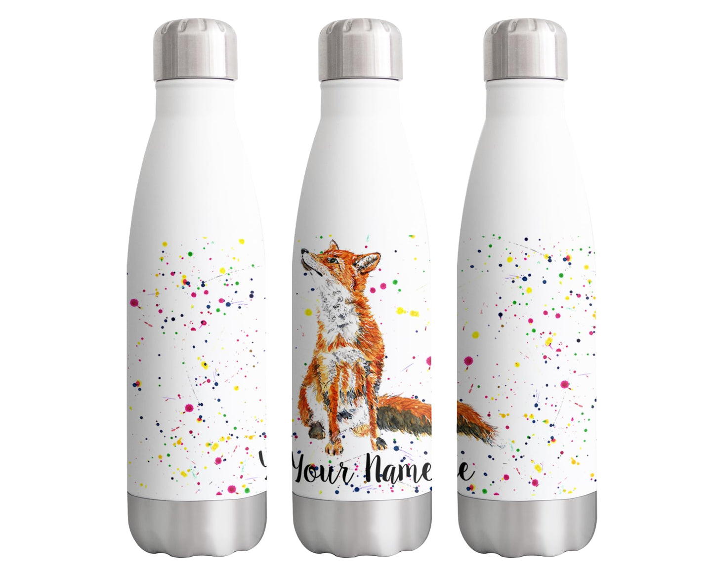 Vixar Fox Personalised Custom Bottle with your Text/name British wildlife animals Watercolour Animals Bottle Double Wall Insulated Stainless Steel Sport Drinks 500ml