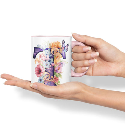 Letter T mug, Floral flowers butterfly Alphabet Letter T Monogram watercolour Ceramic Coloured Mug Cup for Tea Coffee Hot brew 330ml 11Oz Gift