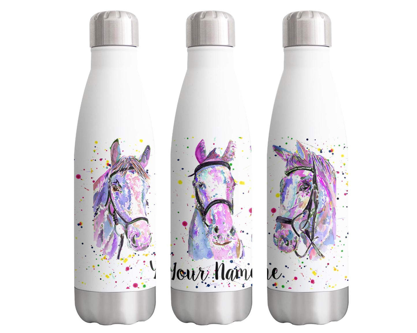 Vixar Horses Personalised Custom Bottle with your Text/name Horse Pinks Watercolour Farm animals Bottle double Wall insulated Stainless steel sport Drinks 500ml