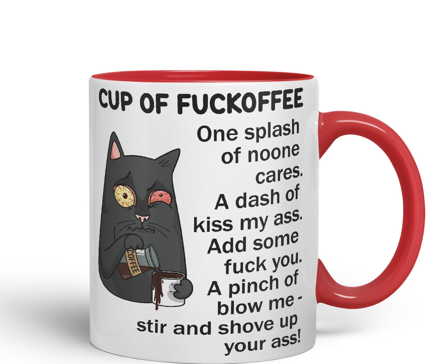 Cup of Fuckoffee, one Splash on Noone Cares cat Sarcastic Joke Ceramic Coloured Mug Cup for Tea Coffee Hot Brew 330ml 11Oz