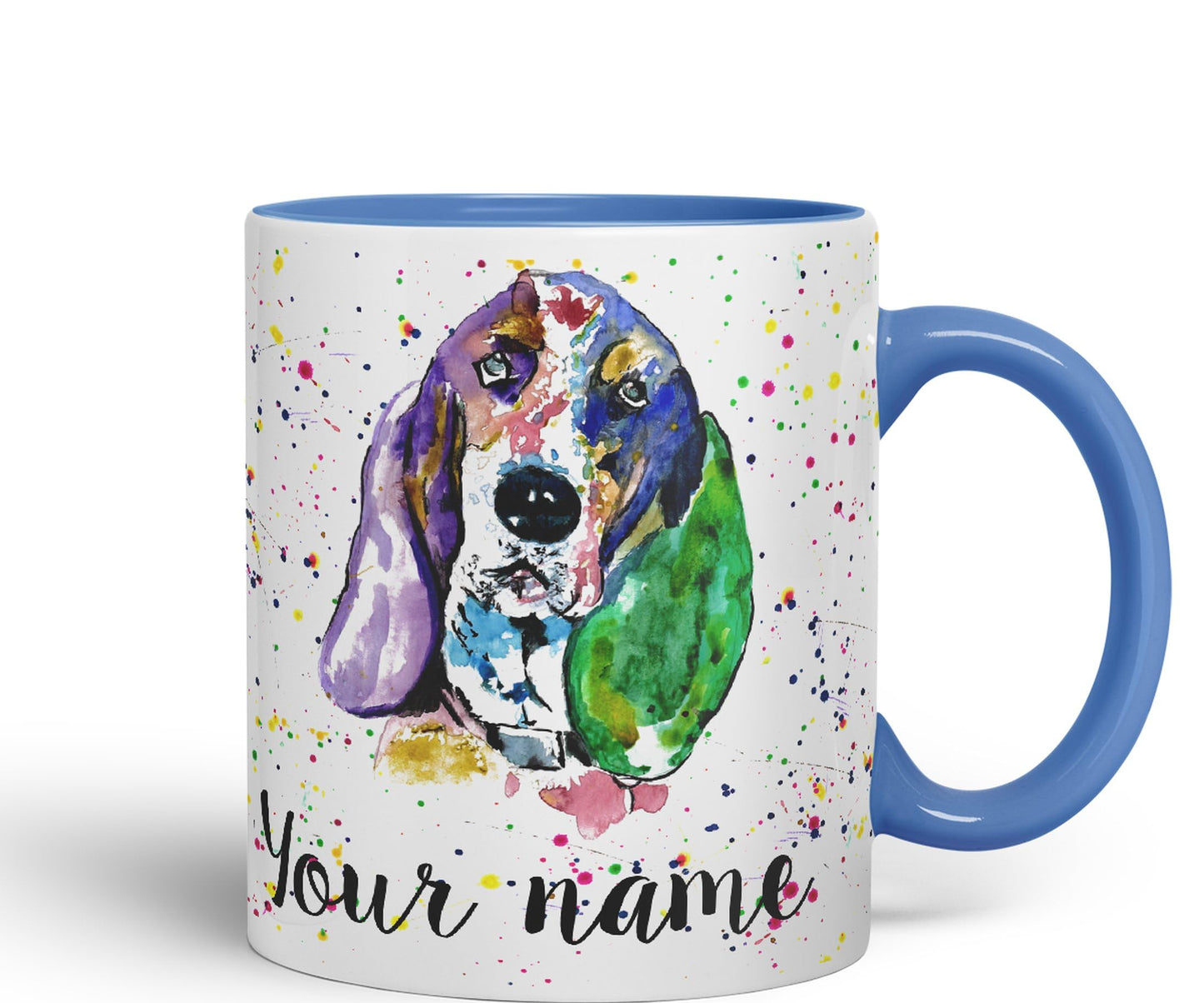 Personalised mug with Your Text name Basset Hound Hunting Dog Pet animals Watercolour Art Coloured Ceramic Mug Cup Gift 330ml 11oz Custom Work Office Tea Coffee