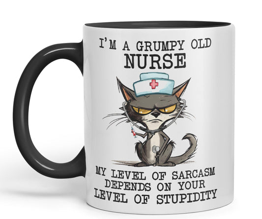 Vixar I'm A Grumpy Old Nurse My Level of Sarcasm Depends on Your Level of Stupidity Cats Sarcastic Joke Ceramic Coloured Mug Cup for Tea Coffee Hot Brew 330ml 11Oz