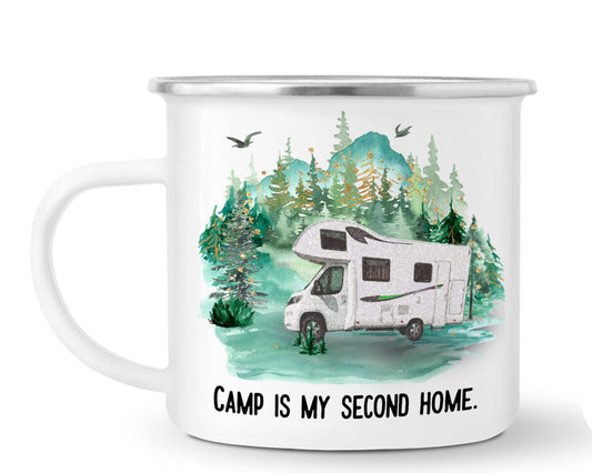 Vixar Enamel Mug Cup, is Ideal for Camping, Caravan, Fishing & Travel, in White with Silver Trim, 10oz, Coffee Tea, Gift, Christmas, Birthday Gift (Camp is My Second Home 1)