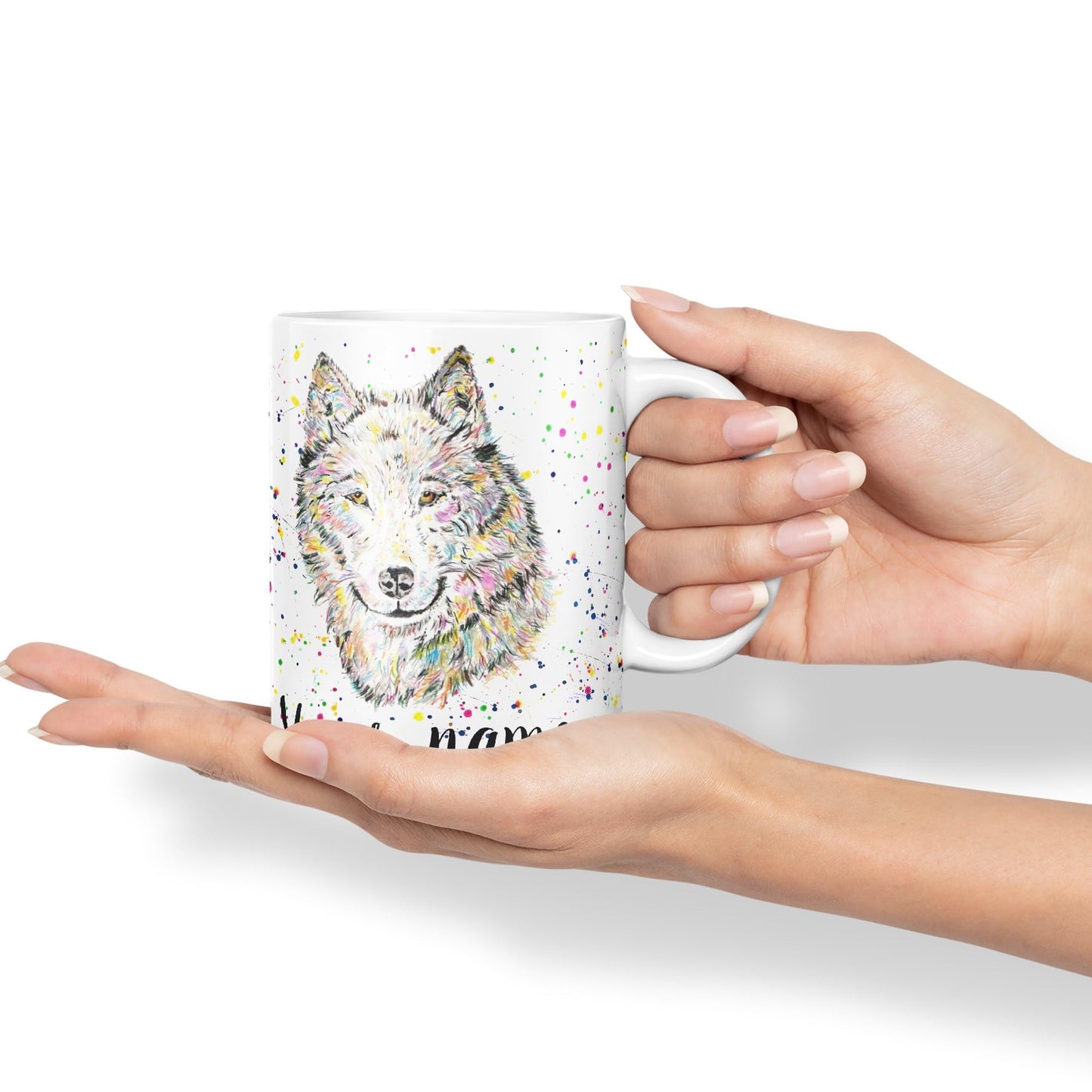 Vixar Personalised with Your Text Wolf Wolves Wildlife Animals Watercolour Art Coloured Ceramic Mug Cup Gift 330ml 11oz Custom Work Office Tea Coffee (O2)