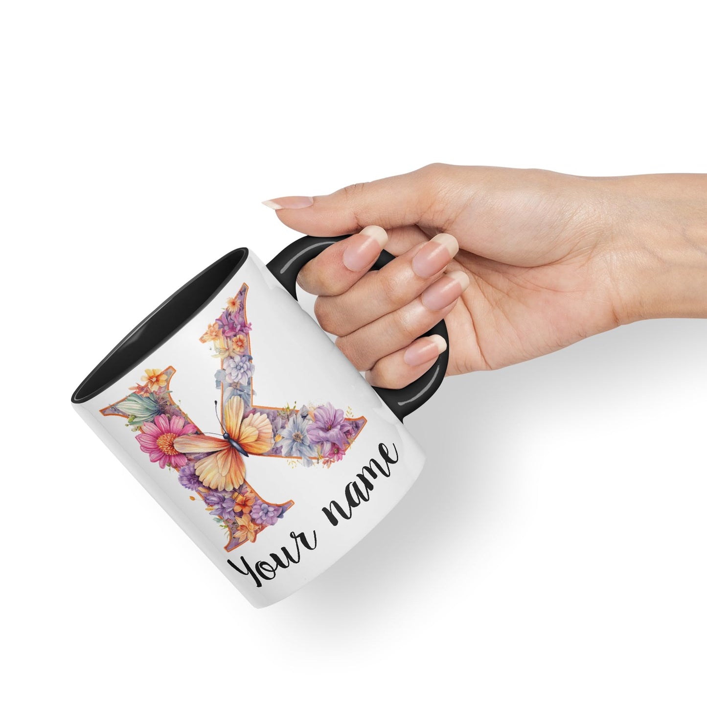 Personalised Letter K mug, Customized Custom Floral flowers butterfly Alphabet Letter K Monogram watercolour Ceramic Coloured Mug Cup for Tea Coffee Hot brew 330ml 11Oz Gift