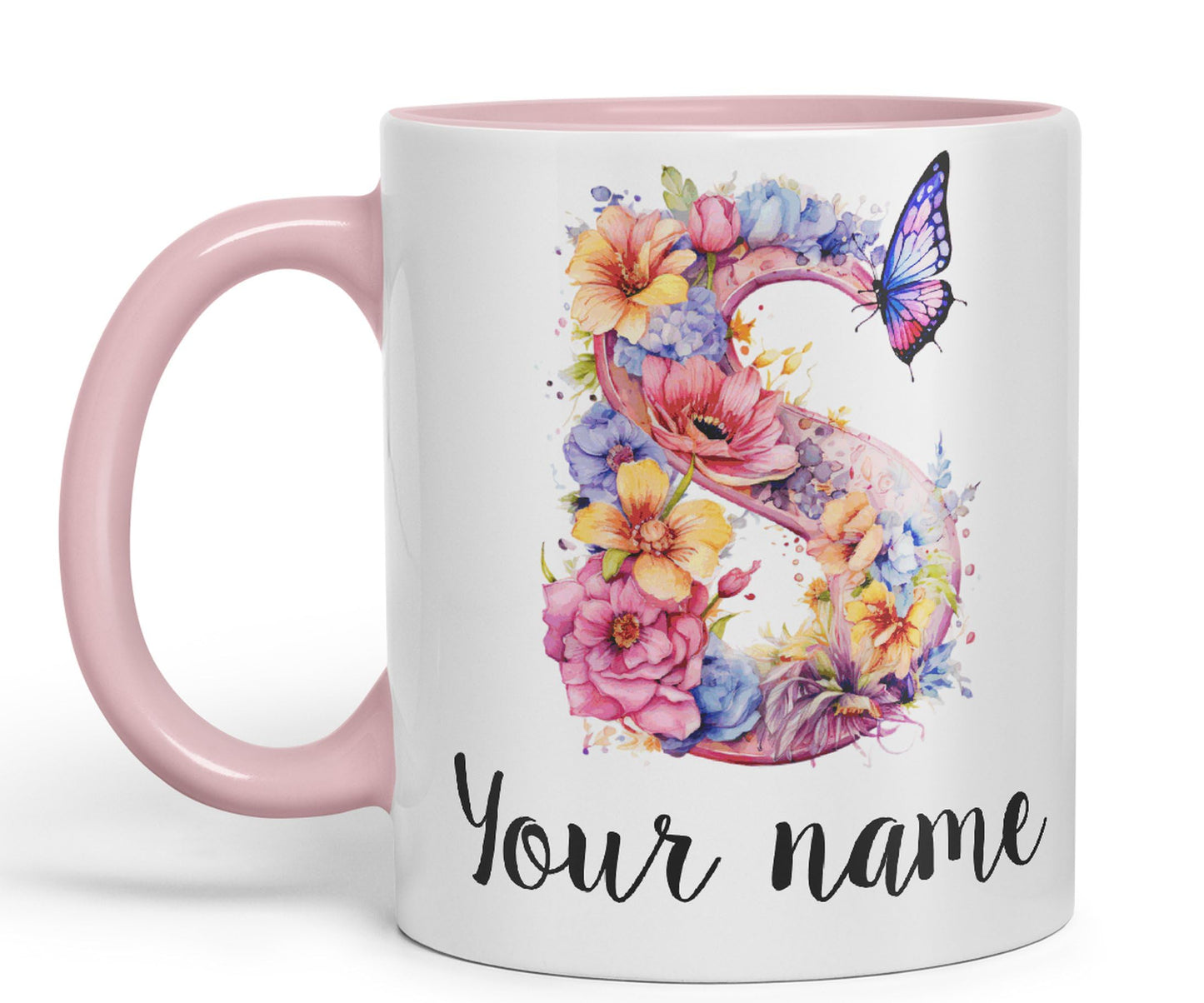 Personalised Letter S mug, Customized Custom Floral flowers butterfly Alphabet Letter S Monogram watercolour Ceramic Coloured Mug Cup for Tea Coffee Hot brew 330ml 11Oz Gift