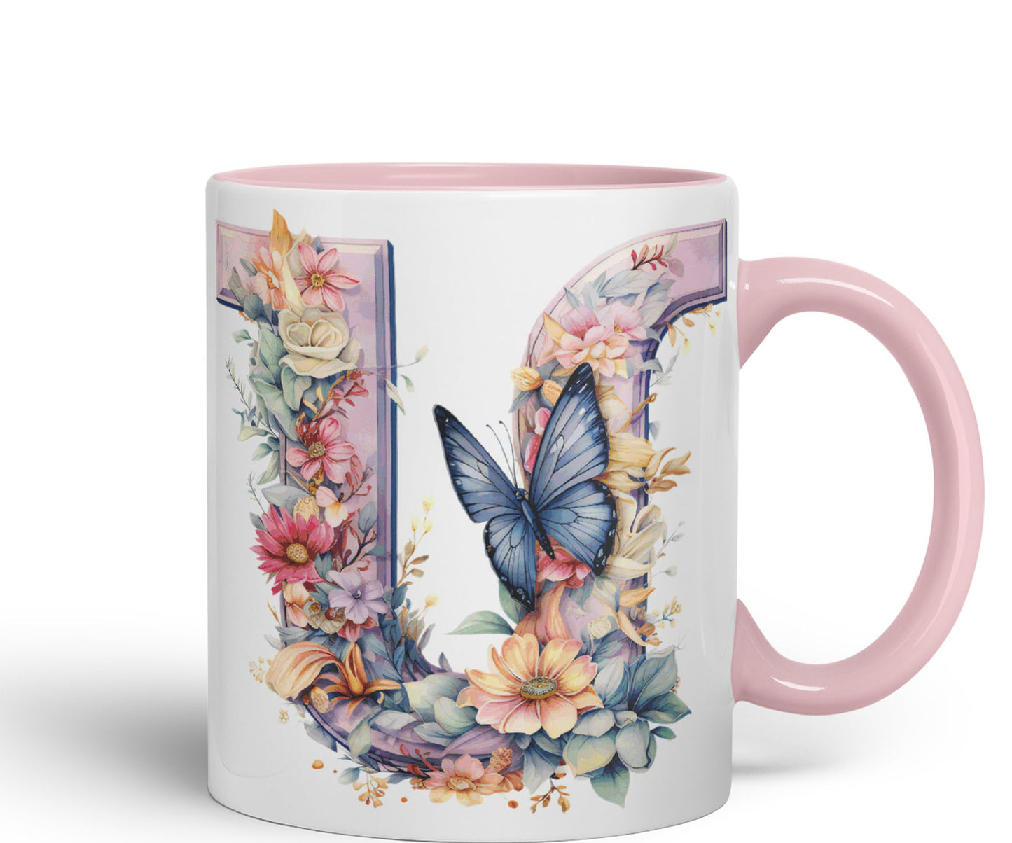 Letter U mug, Floral flowers butterfly Alphabet Letter U Monogram watercolour Ceramic Coloured Mug Cup for Tea Coffee Hot brew 330ml 11Oz Gift