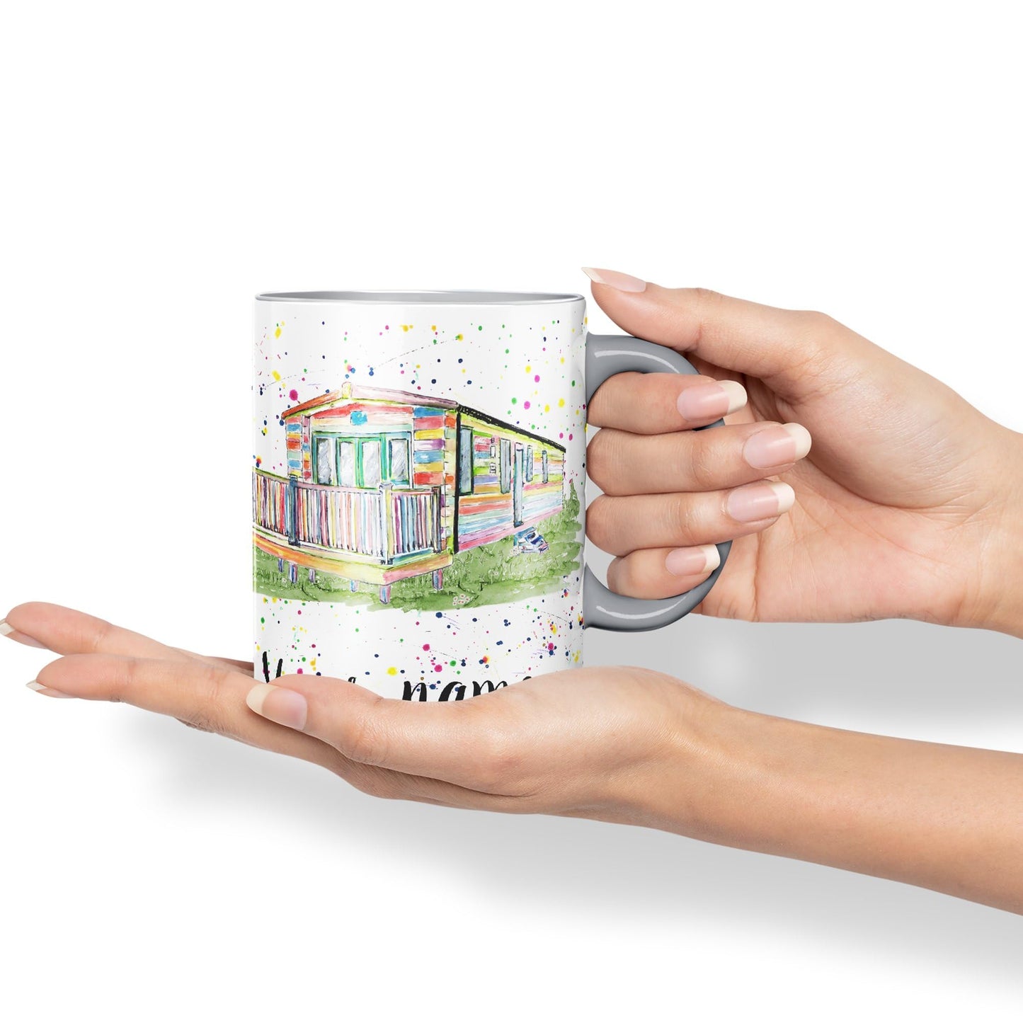 Vixar Personalised with Your Text Watercolour Caravan Static Holiday Homert Coloured Ceramic Mug Cup Gift 330ml 11oz Custom Work Office Tea Coffee