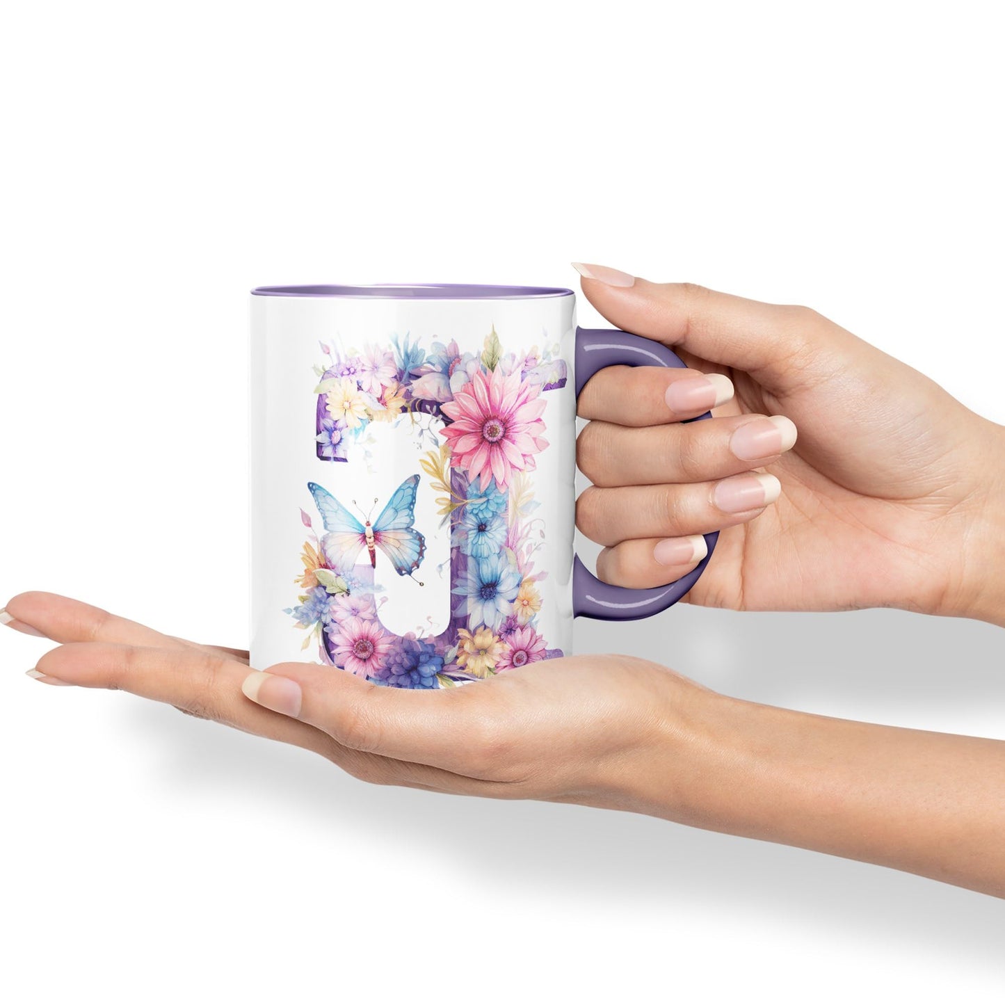 Letter J mug, Floral flowers butterfly Alphabet Letter J Monogram watercolour Ceramic Coloured Mug Cup for Tea Coffee Hot brew 330ml 11Oz Gift