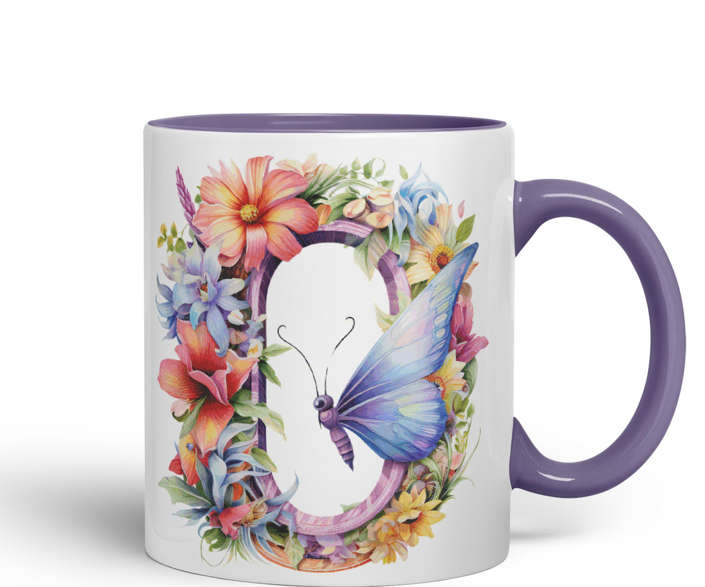 Letter O mug, Floral flowers butterfly Alphabet Letter O Monogram watercolour Ceramic Coloured Mug Cup for Tea Coffee Hot brew 330ml 11Oz Gift