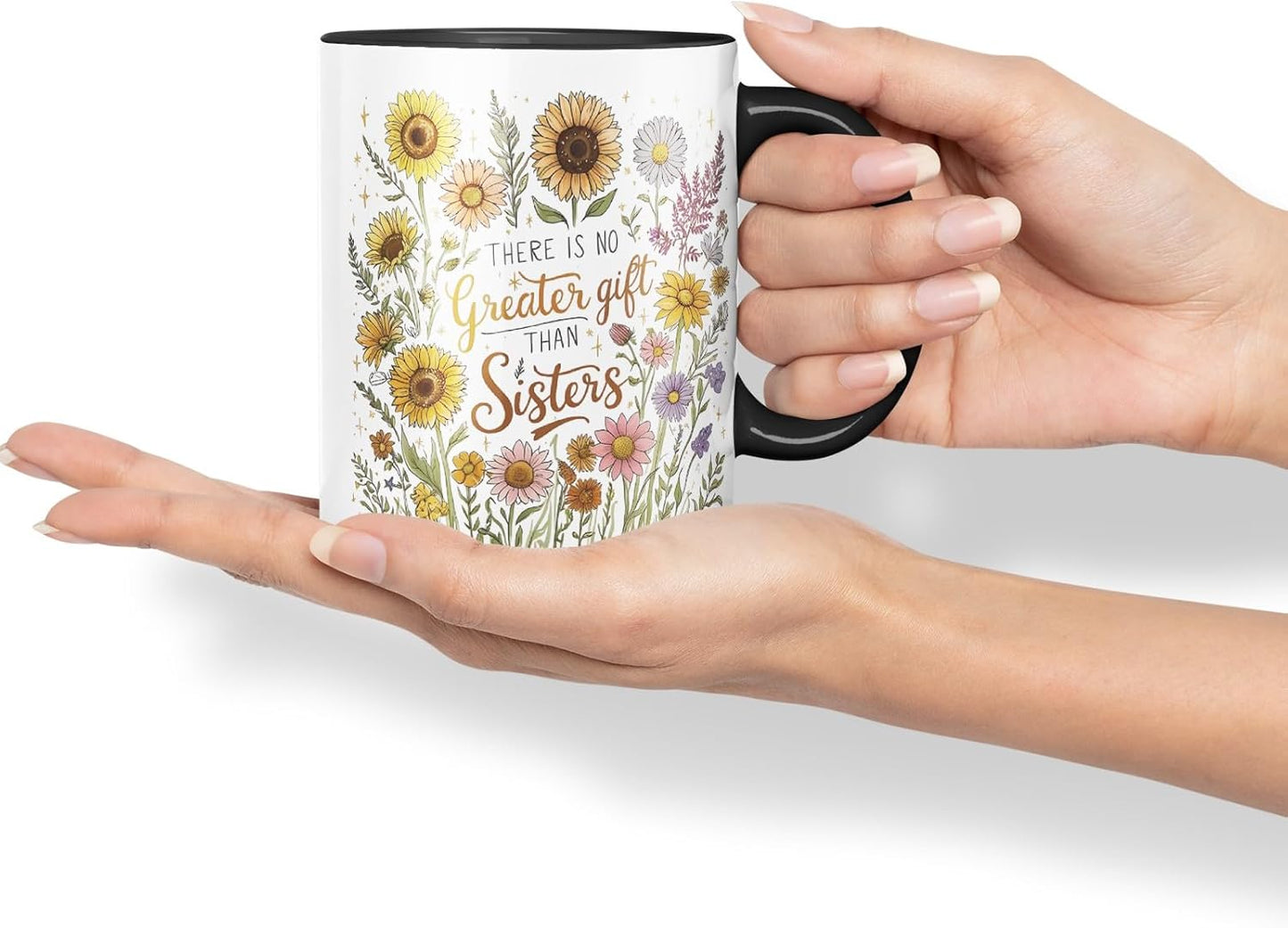 Vixar There is No Greater Friend Than a Sister Coloured Mug Cup Floral Sister Gift 11oz (Black)