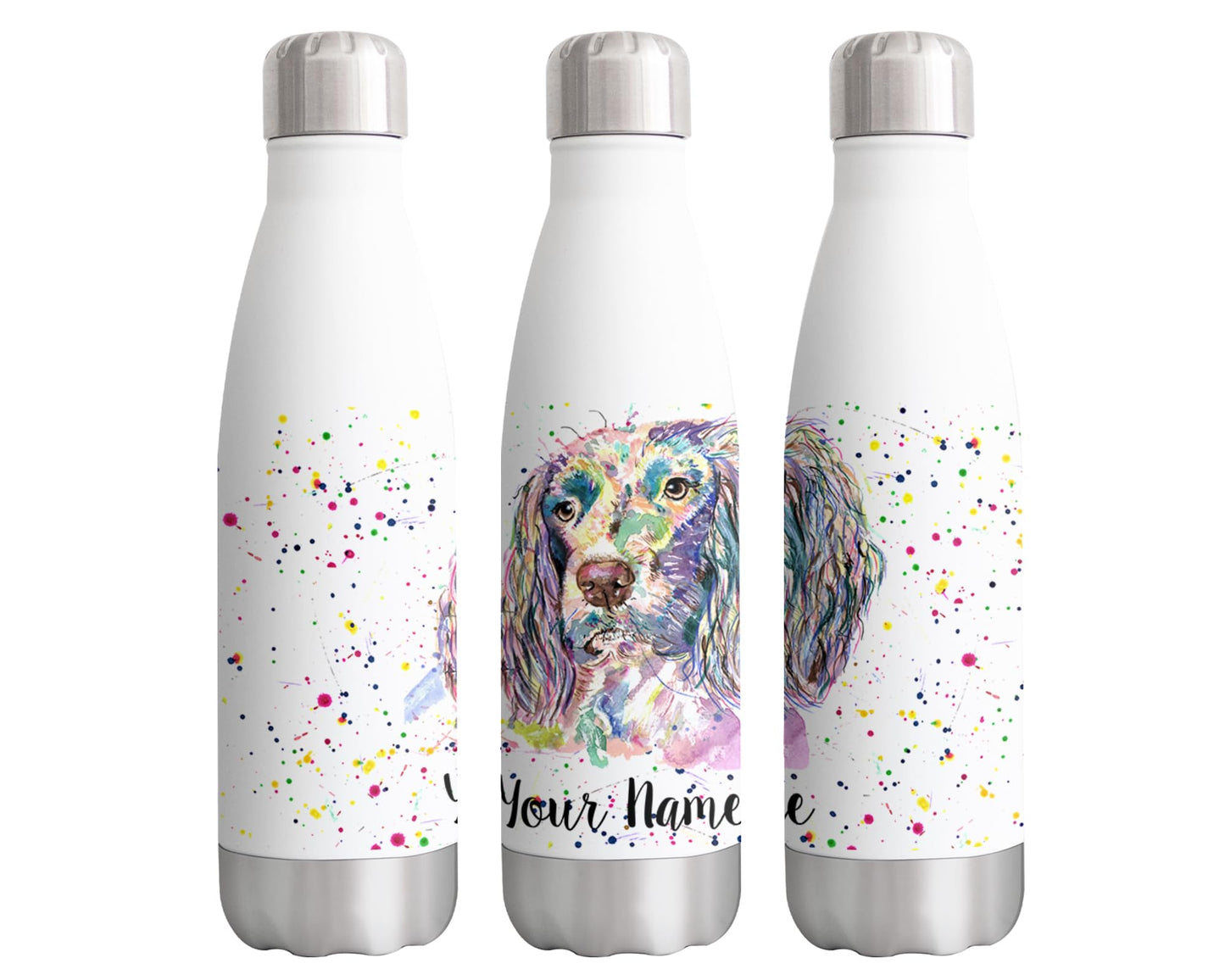 Vixar Spaniel Personalised Custom Bottle with your Text/name Springer dog pet animal watercolour Bottle Double Wall Insulated Stainless Steel Sport Drinks 500ml