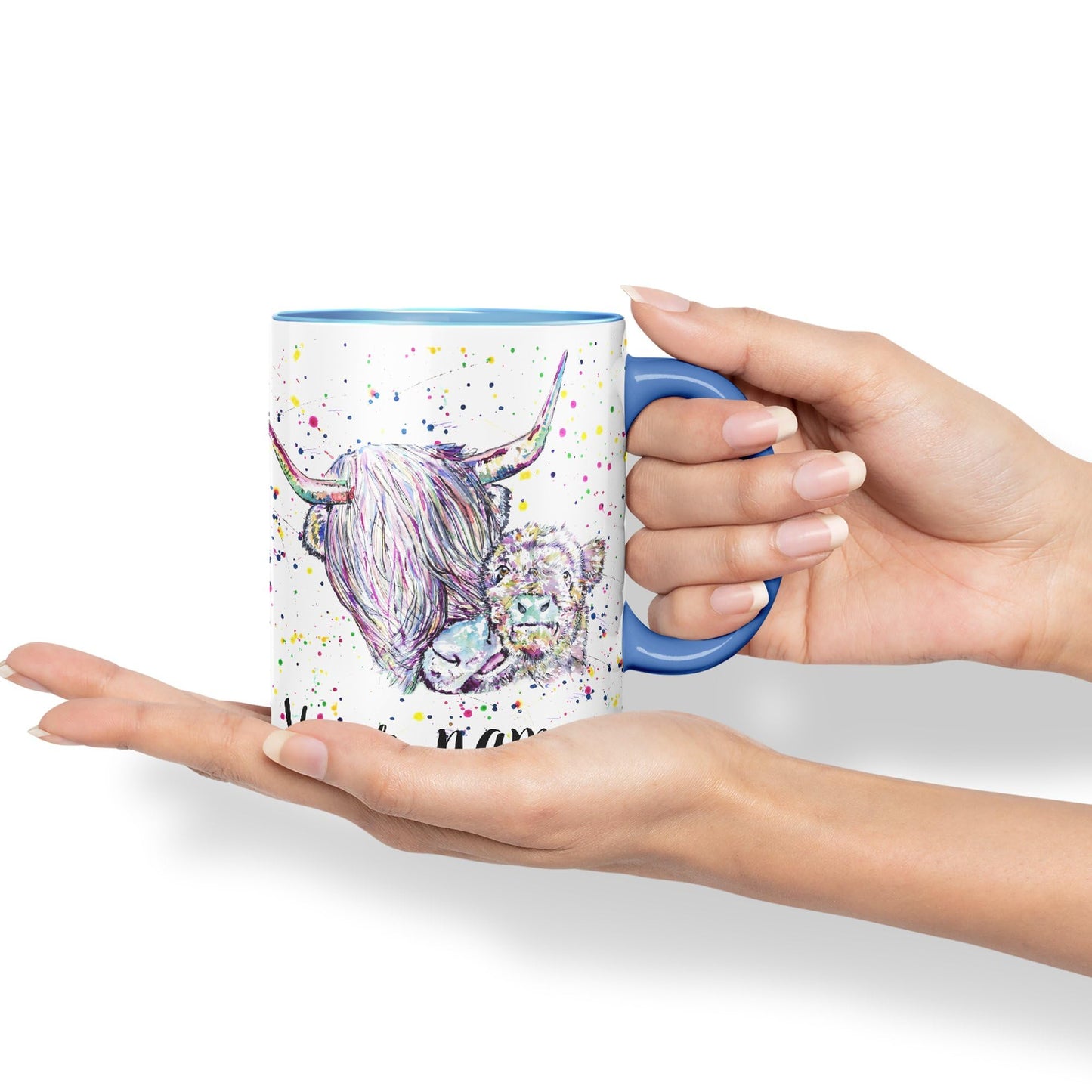 Vixar Personalised with Your Text Highland Cow Scottish with Calf Baby Farm Animals Watercolour Art Coloured Ceramic Mug Cup Gift 330ml 11oz Custom Work Office Tea Coffee