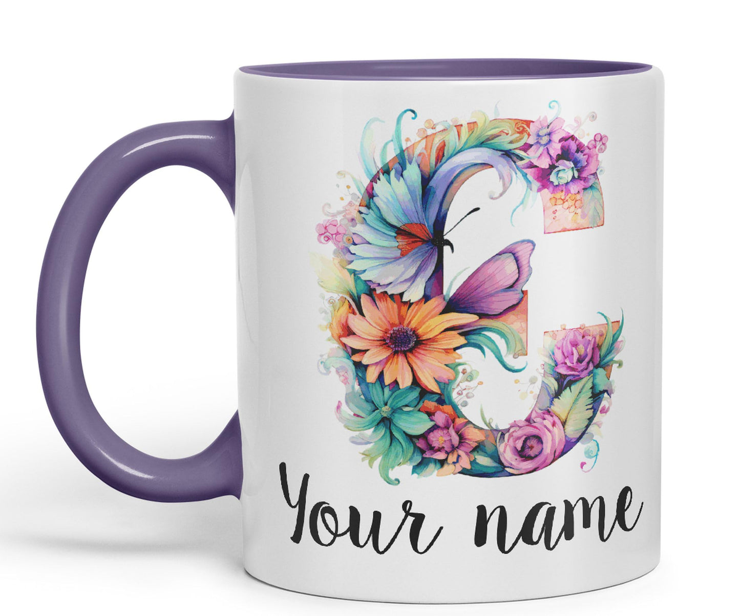 Personalised Letter C mug, Customized Custom Floral flowers butterfly Alphabet Letter C Monogram watercolour Ceramic Coloured Mug Cup for Tea Coffee Hot brew 330ml 11Oz Gift