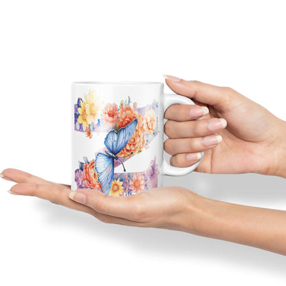 Letter Z mug, Floral flowers butterfly Alphabet Letter Z Monogram watercolour Ceramic Coloured Mug Cup for Tea Coffee Hot brew 330ml 11Oz Gift