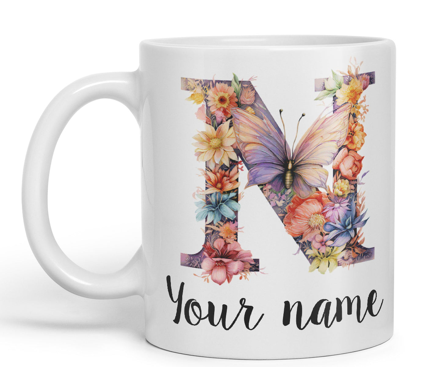 Personalised Letter N mug, Customized Custom Floral flowers butterfly Alphabet Letter N Monogram watercolour Ceramic Coloured Mug Cup for Tea Coffee Hot brew 330ml 11Oz Gift