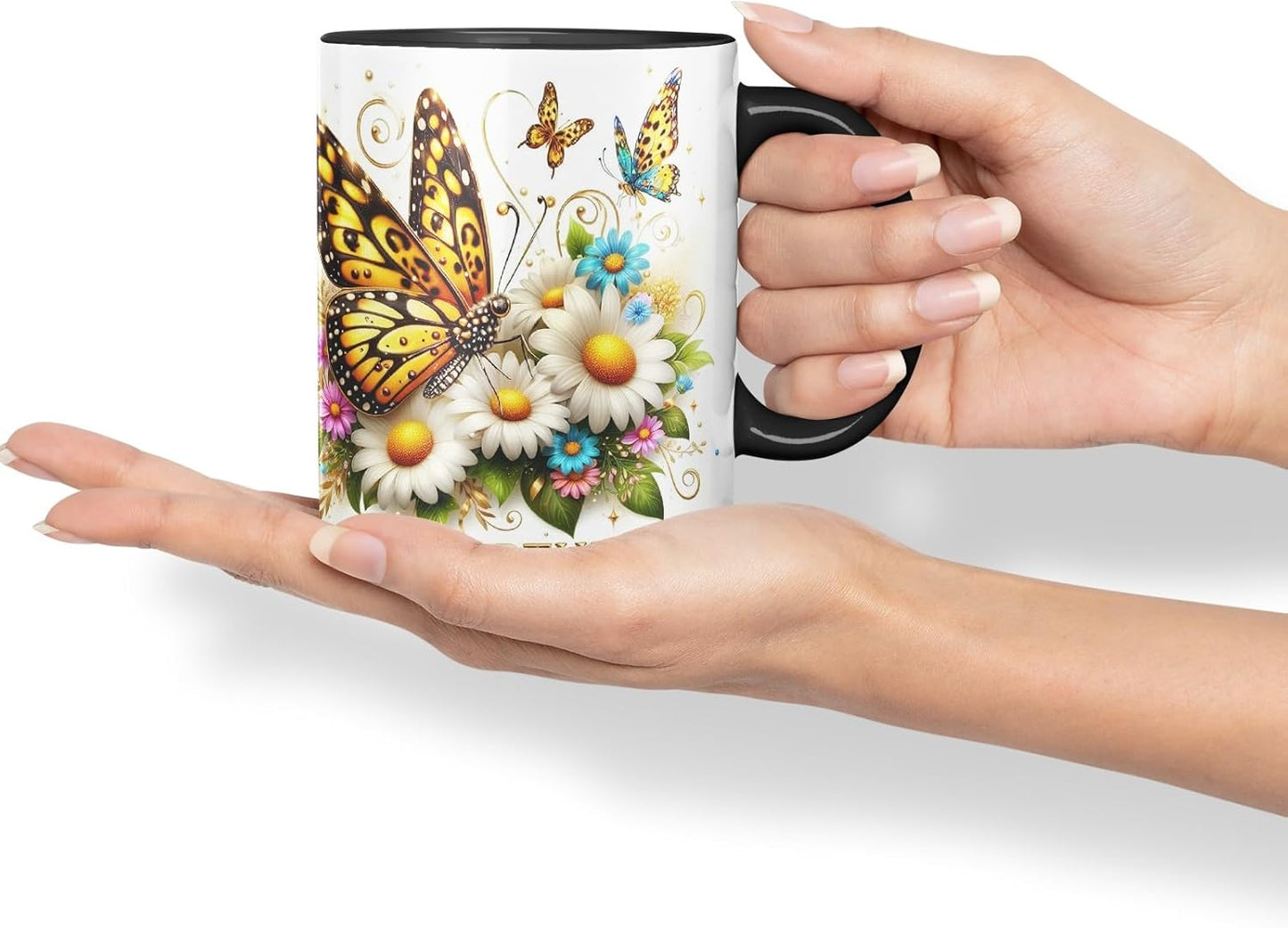 Vixar Happy Birthday Golden Butterfly Daisies Coloured Ceramic Mug Cup Gift 11oz V9 (Black)