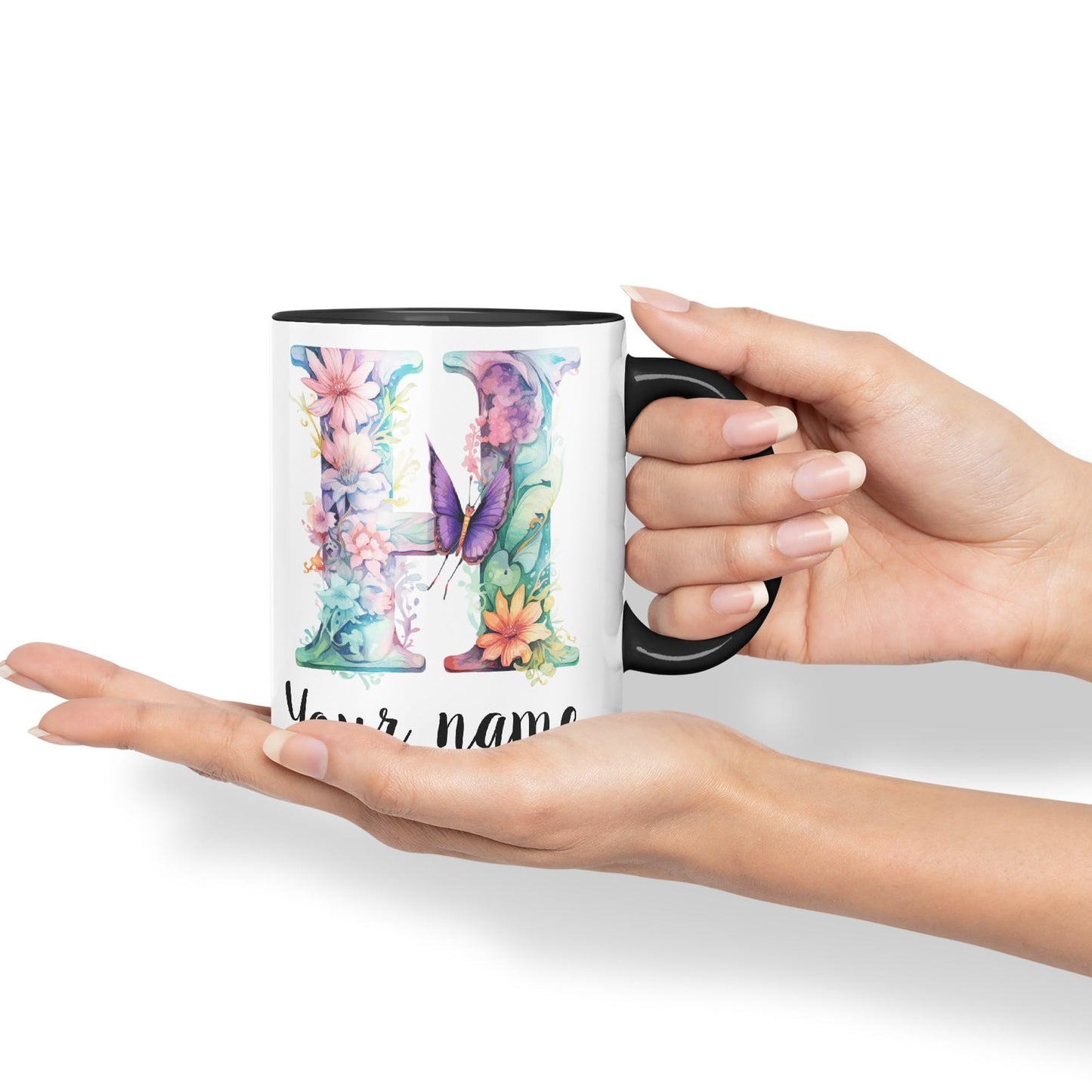 Personalised Letter H mug, Customized Custom Floral flowers butterfly Alphabet Letter H Monogram watercolour Ceramic Coloured Mug Cup for Tea Coffee Hot brew 330ml 11Oz Gift