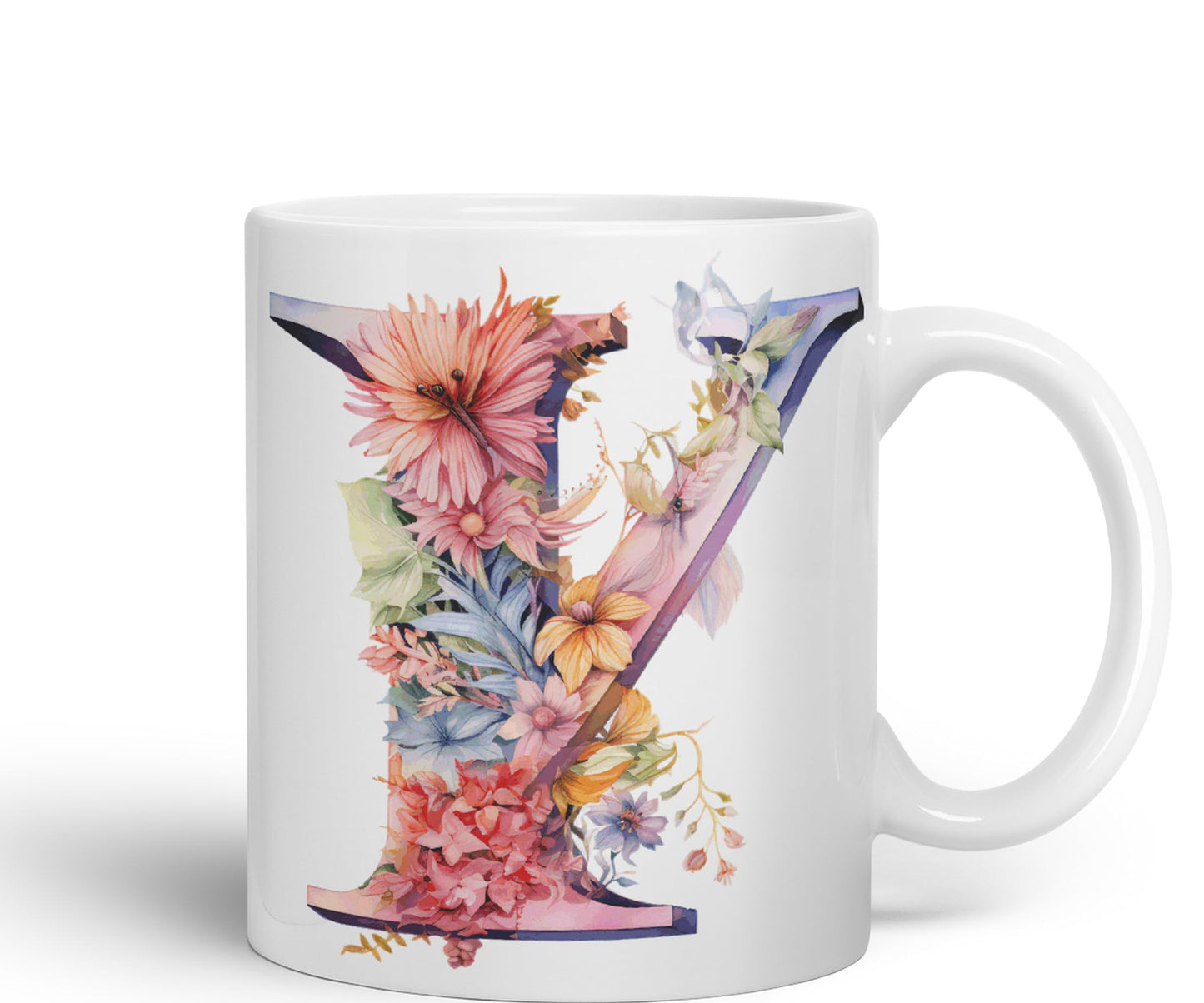 Letter Y mug, Floral flowers butterfly Alphabet Letter Y Monogram watercolour Ceramic Coloured Mug Cup for Tea Coffee Hot brew 330ml 11Oz Gift