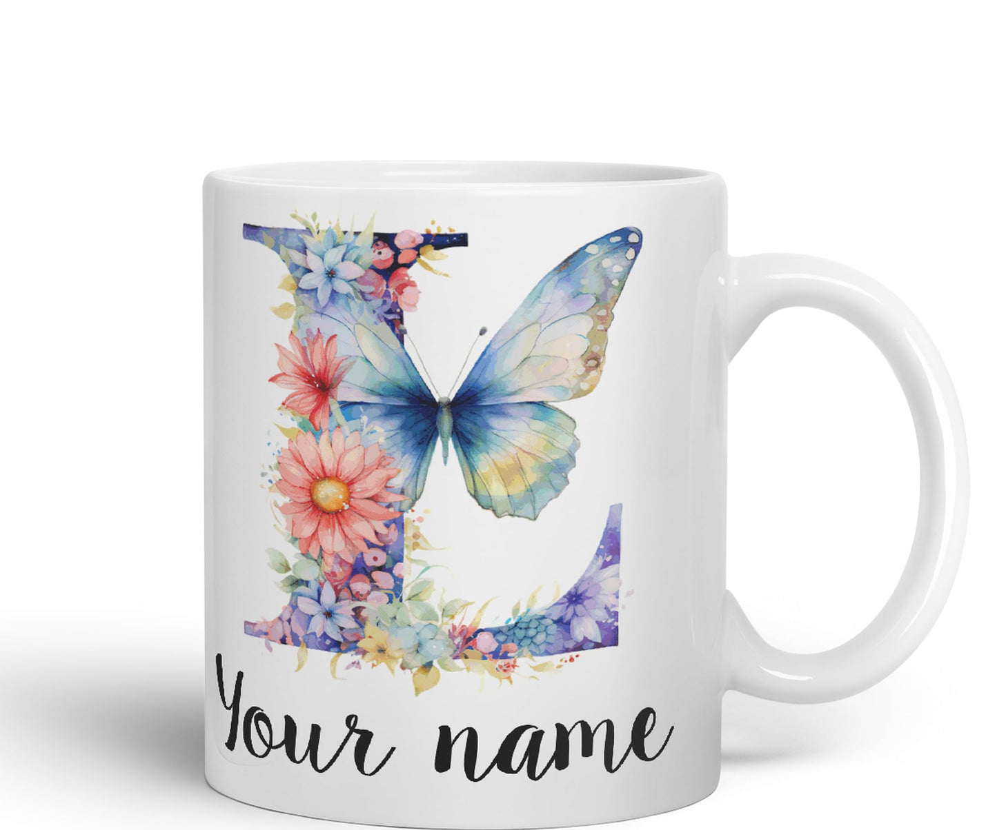 Personalised Letter L mug, Customized Custom Floral flowers butterfly Alphabet Letter L Monogram watercolour Ceramic Coloured Mug Cup for Tea Coffee Hot brew 330ml 11Oz Gift