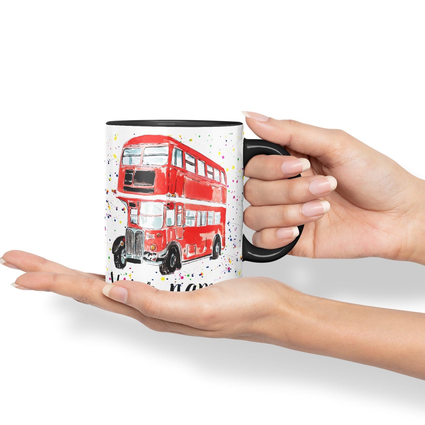 Vixar Personalised with Your Text Red Bus Classic London Busses Watercolour Art Coloured Ceramic Mug Cup Gift 330ml 11oz Custom Work Office Tea Coffe