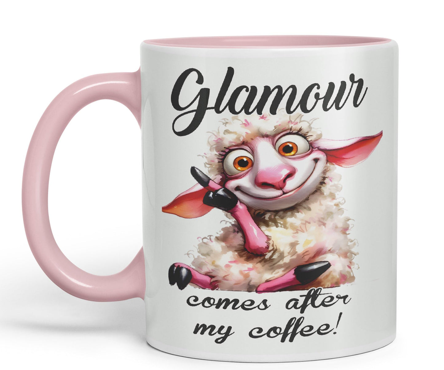 Glamour Comes After My Coffee! Sheep Joke sarkasm Sarcastic Ceramic Coloured Mug Cup for Tea Coffee Hot Brew 330ml 11Oz Gift