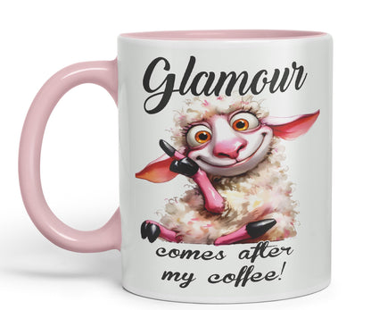 Glamour Comes After My Coffee! Sheep Joke sarkasm Sarcastic Ceramic Coloured Mug Cup for Tea Coffee Hot Brew 330ml 11Oz Gift