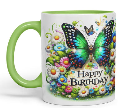 Vixar Happy Birthday Green Butterfly Daisies Coloured Ceramic Mug Cup Gift 11oz V8 (Black)