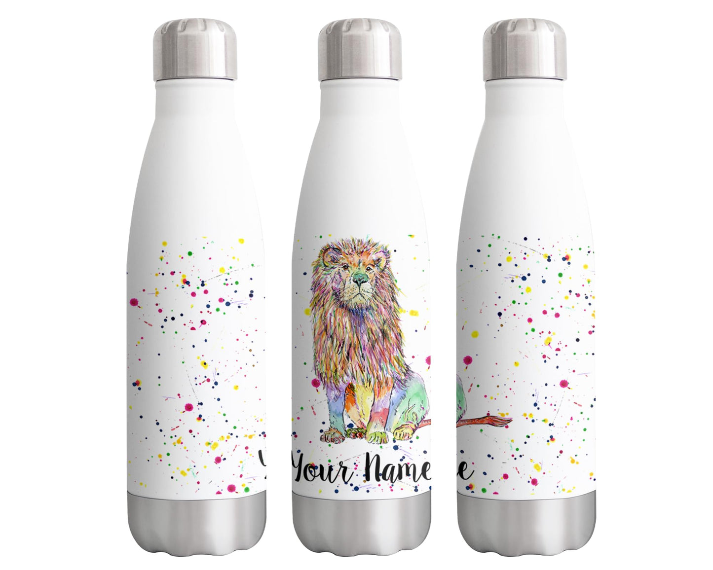 Vixar Lion Personalised Custom Bottle with your Text/name Big cat King safari animals Watercolour Bottle Double Wall Insulated Stainless Steel Sport Drinks 500ml