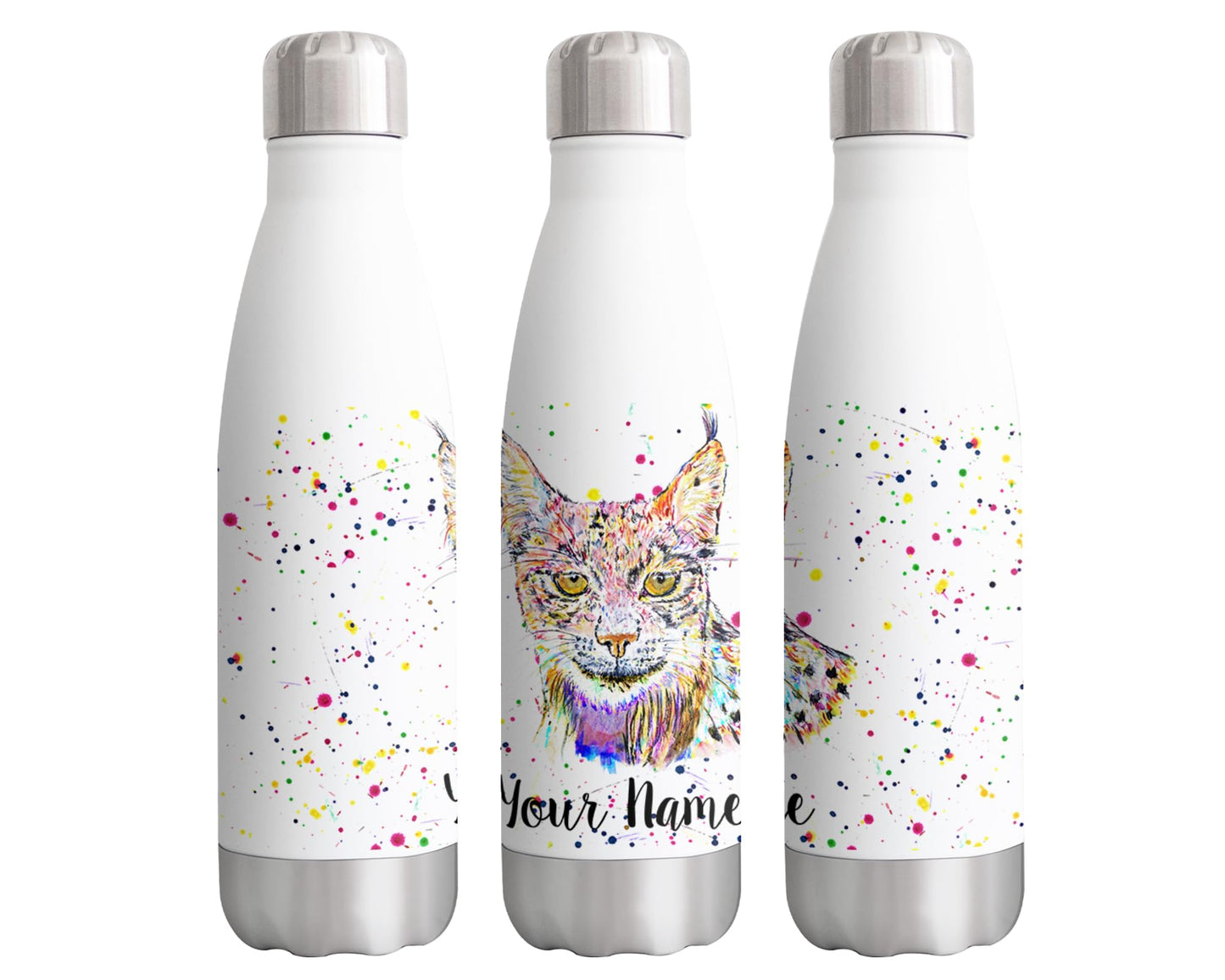 Vixar Lynx Personalised Custom Bottle with your Text/name european wild animal Big Cat watercolour Bottle Double Wall Insulated Stainless Steel Sport Drinks 500ml