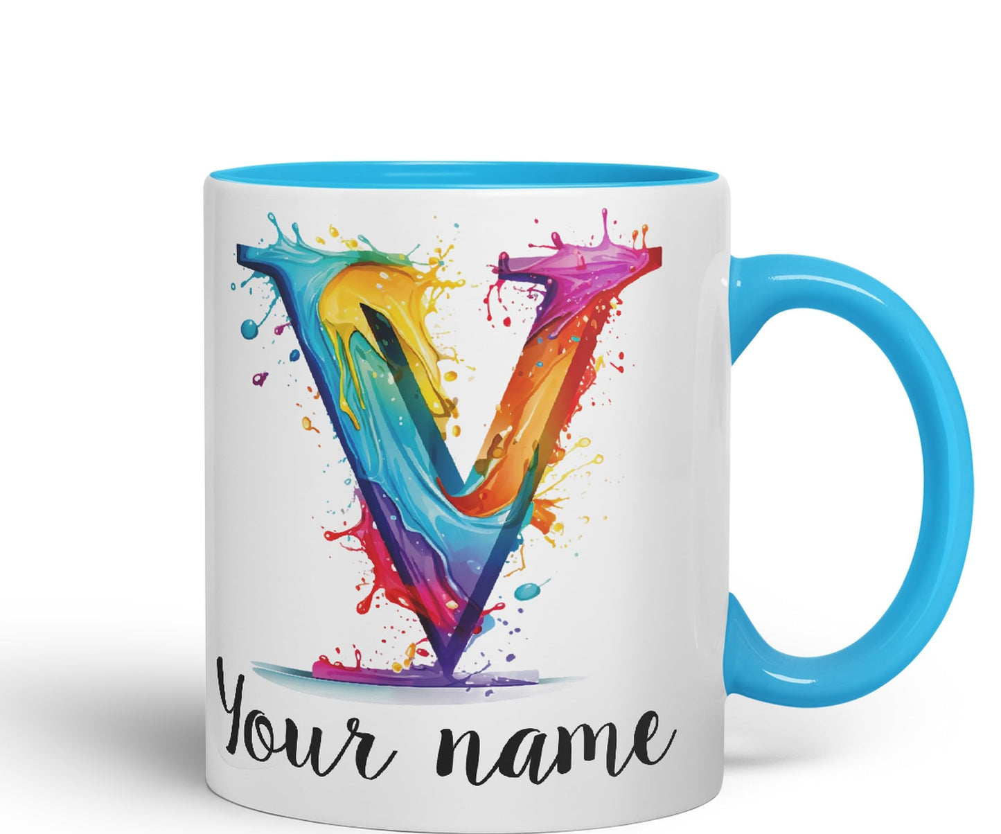 Personalised Letter V mug, Alphabet cusomized custom Letter V Monogram watercolour Ceramic Coloured Mug Cup for Tea Coffee Hot brew 330ml 11Oz Gift