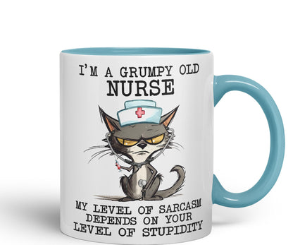 Vixar I'm A Grumpy Old Nurse My Level of Sarcasm Depends on Your Level of Stupidity Cats Sarcastic Joke Ceramic Coloured Mug Cup for Tea Coffee Hot Brew 330ml 11Oz