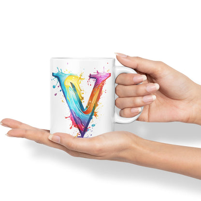Letter V mug, Alphabet Letter V Monogram watercolour Ceramic Coloured Mug Cup for Tea Coffee Hot brew 330ml 11Oz Gift