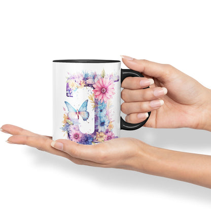Letter J mug, Floral flowers butterfly Alphabet Letter J Monogram watercolour Ceramic Coloured Mug Cup for Tea Coffee Hot brew 330ml 11Oz Gift