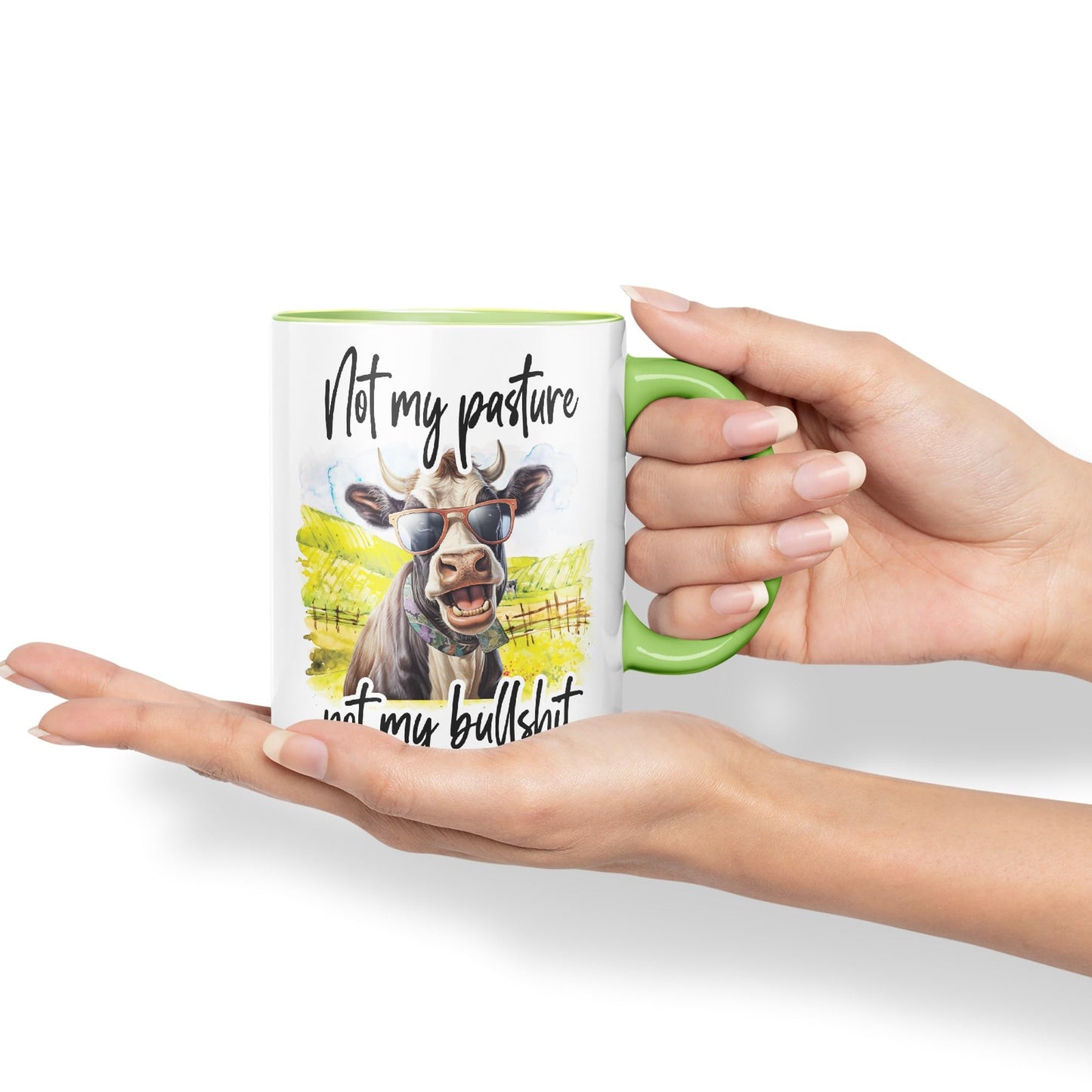 Not My Pasture, not My Bullshit Cow Joke sarkasm Sarcastic Ceramic Coloured Mug Cup for Tea Coffee Hot Brew 330ml 11Oz Gift