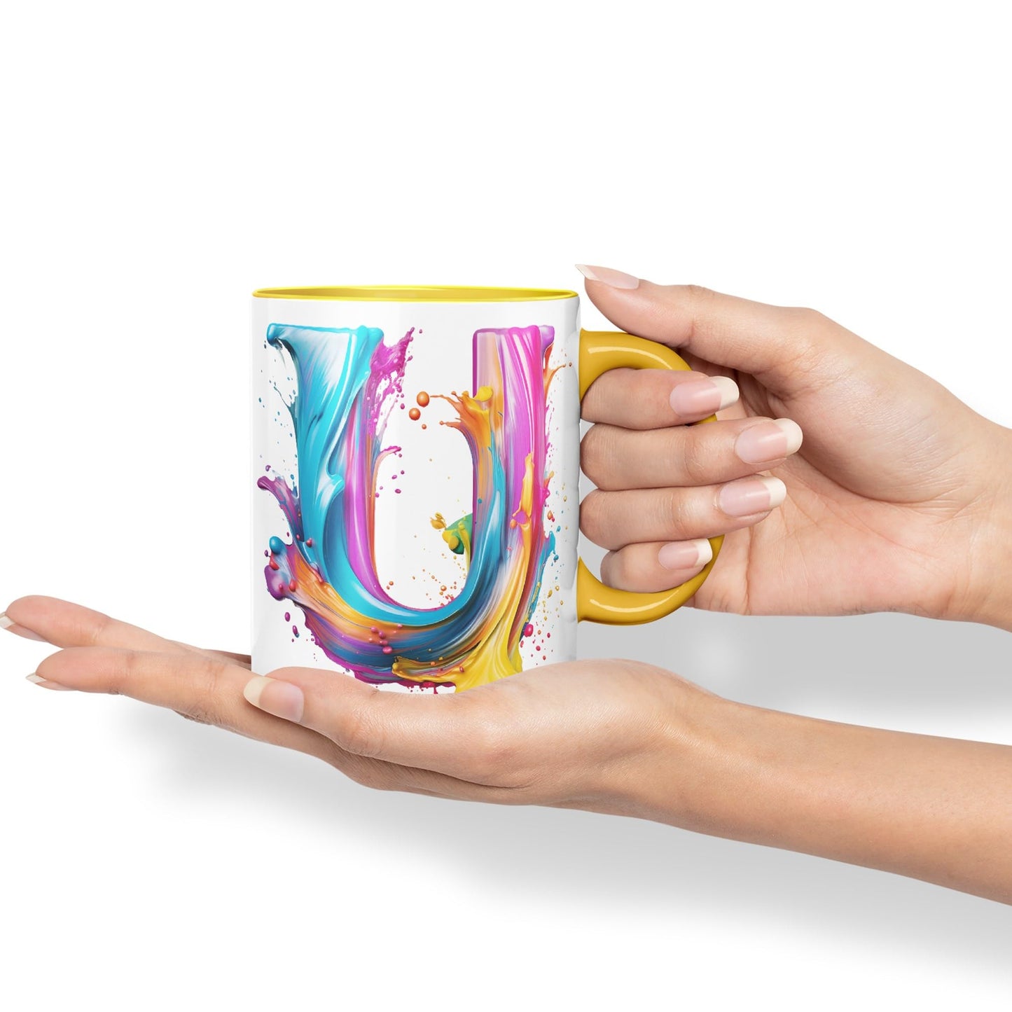 Letter U mug, Alphabet Letter U Monogram watercolour Ceramic Coloured Mug Cup for Tea Coffee Hot brew 330ml 11Oz Gift