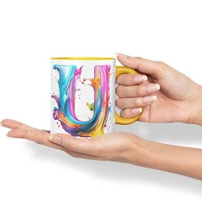 Letter U mug, Alphabet Letter U Monogram watercolour Ceramic Coloured Mug Cup for Tea Coffee Hot brew 330ml 11Oz Gift