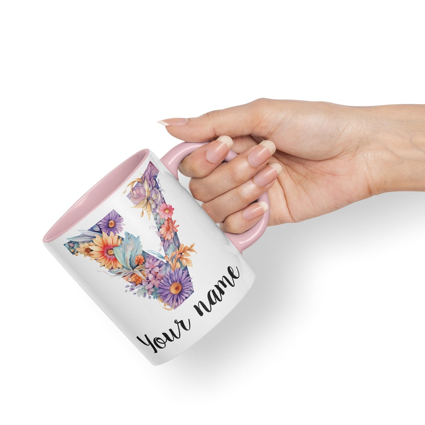 Personalised Letter V mug, Customized Custom Floral flowers butterfly Alphabet Letter V Monogram watercolour Ceramic Coloured Mug Cup for Tea Coffee Hot brew 330ml 11Oz Gift