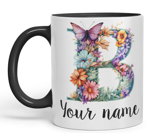 Personalised Letter B mug, Customized Custom Floral flowers butterfly Alphabet Letter B Monogram watercolour Ceramic Coloured Mug Cup for Tea Coffee Hot brew 330ml 11Oz Gift