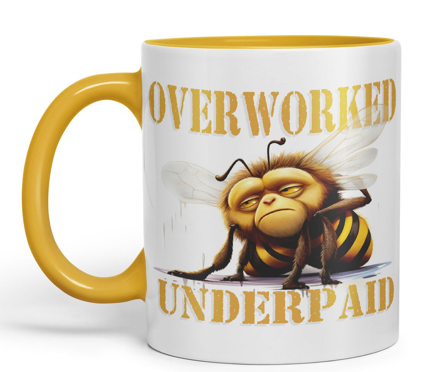 Overworked Underpaid bee Work Joke sarkasm Sarcastic Ceramic Coloured Mug Cup for Tea Coffee Hot Brew 330ml 11Oz Gift