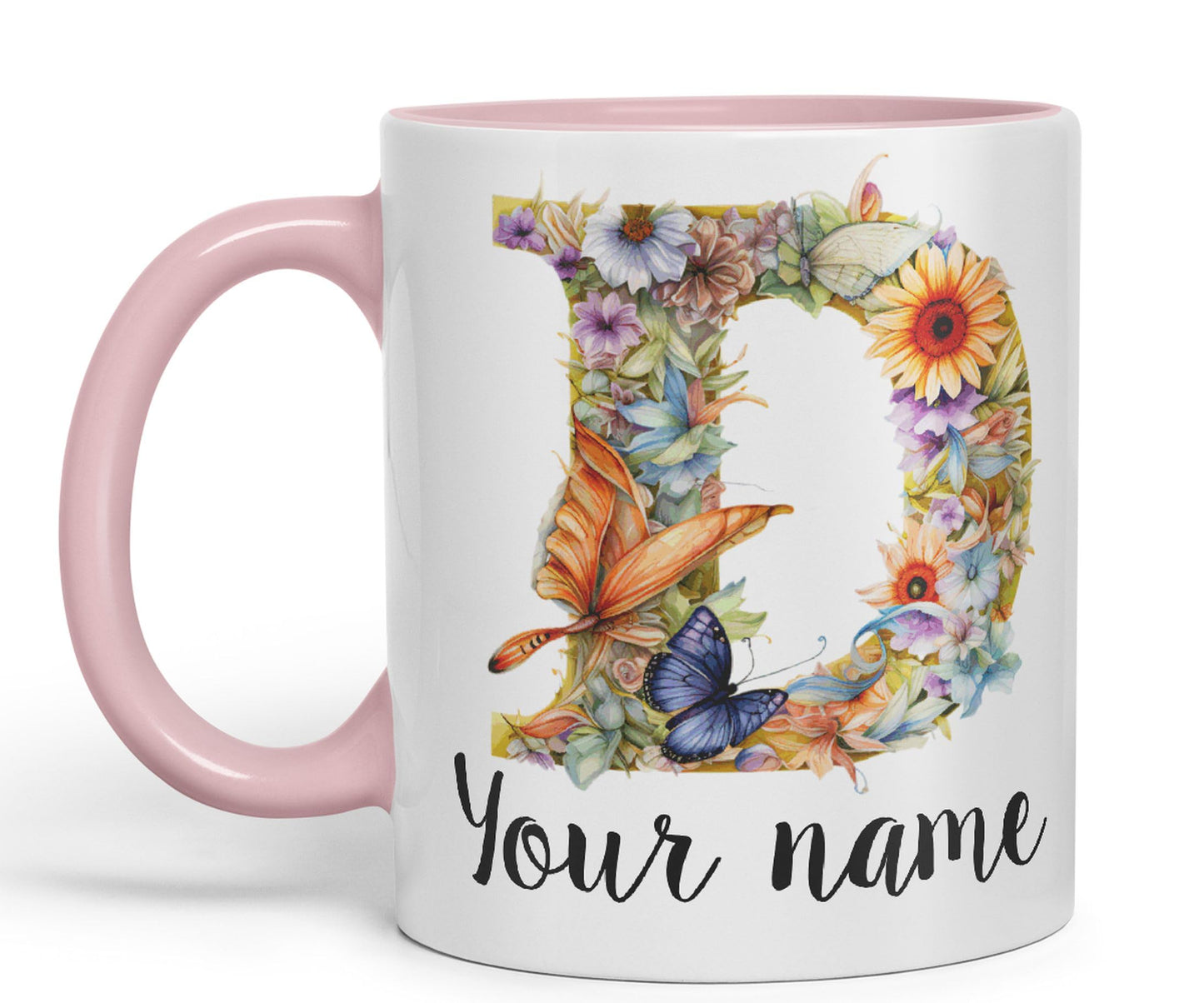 Personalised Letter D mug, Customized Custom Floral flowers butterfly Alphabet Letter D Monogram watercolour Ceramic Coloured Mug Cup for Tea Coffee Hot brew 330ml 11Oz Gift