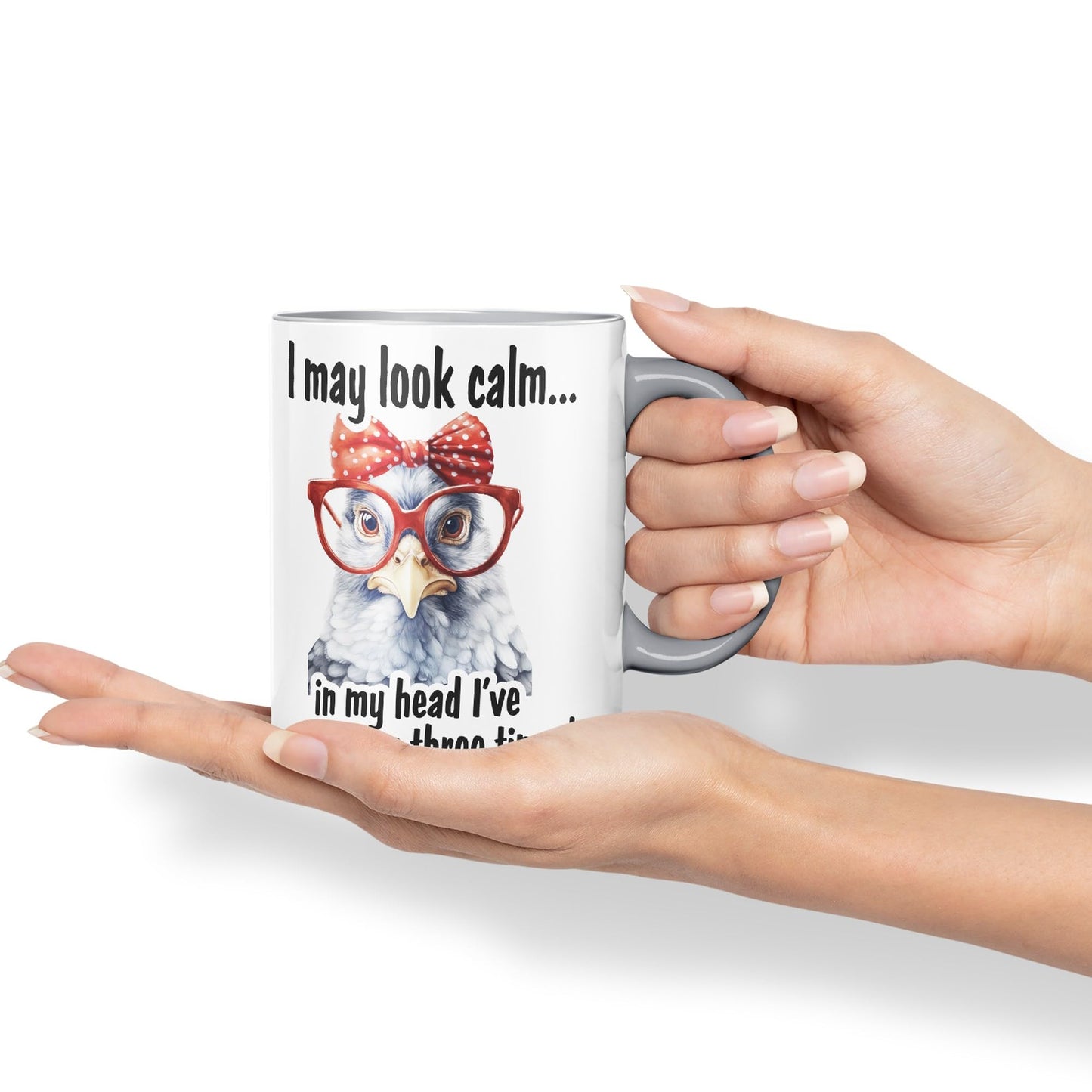 I May Look Calm.., in My Head I've pecked You Tree Times! Chicken Joke sarkasm Sarcastic Ceramic Coloured Mug Cup for Tea Coffee Hot Brew 330ml 11Oz Gift