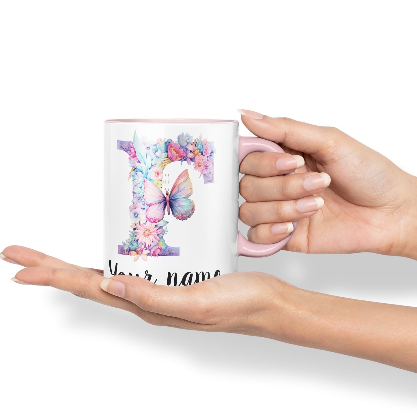 Personalised Letter F mug, Customized Custom Floral flowers butterfly Alphabet Letter F Monogram watercolour Ceramic Coloured Mug Cup for Tea Coffee Hot brew 330ml 11Oz Gift