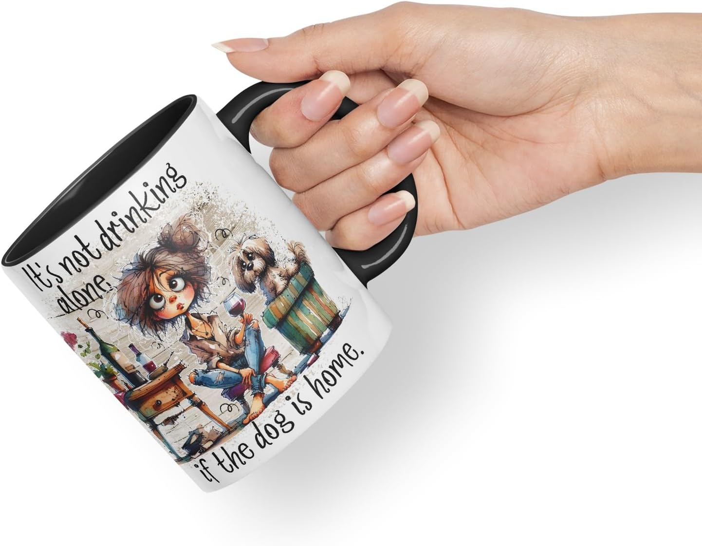 Vixar It’s Not Drinking Alone If The Dog is Home Funny Wine & Dog Coloured Mug Cup 11oz (Black)
