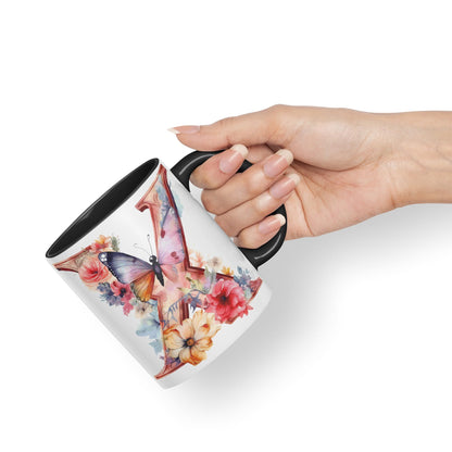 Letter X mug, Floral flowers butterfly Alphabet Letter X Monogram watercolour Ceramic Coloured Mug Cup for Tea Coffee Hot brew 330ml 11Oz Gift