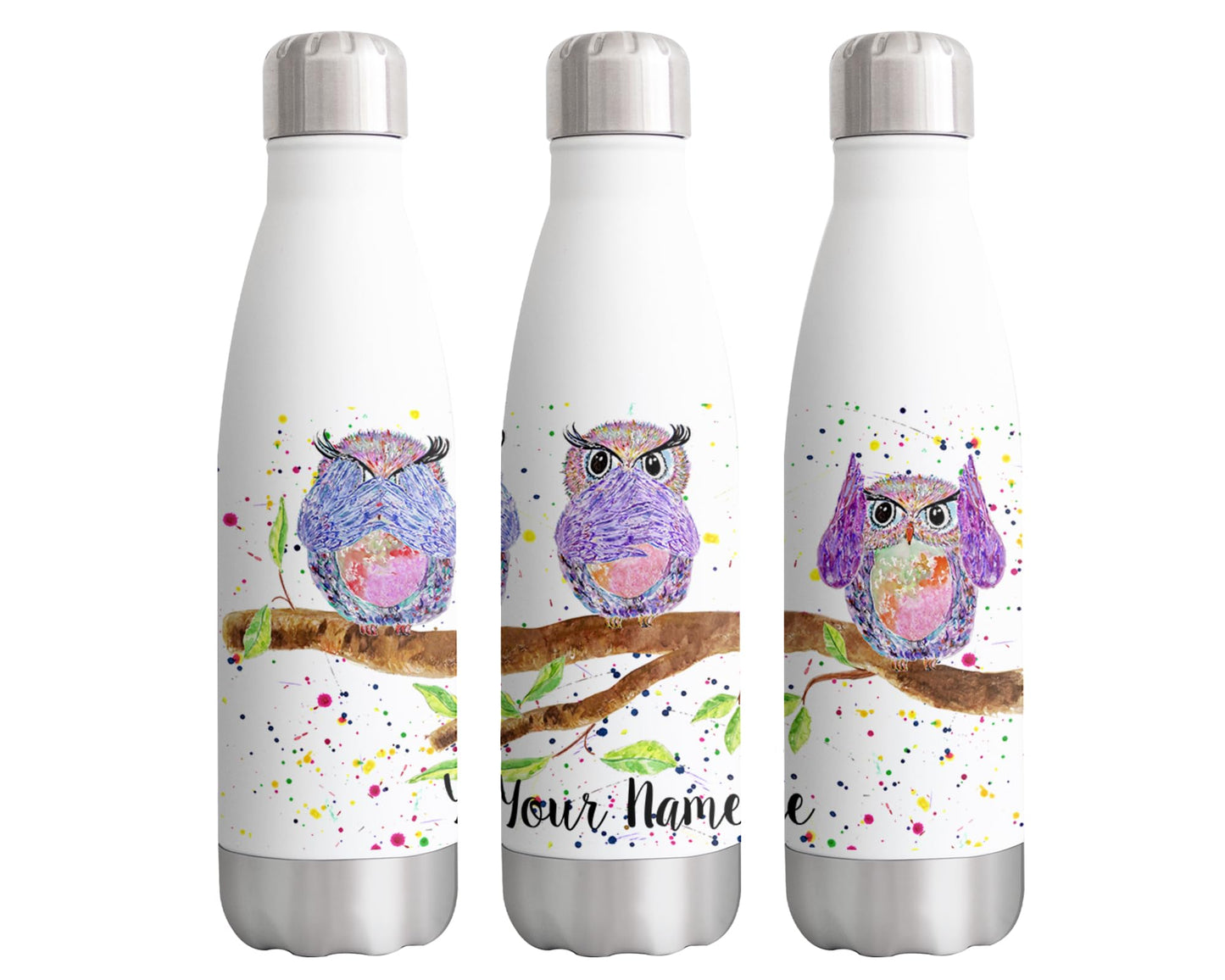 Vixar Owls Personalised Custom Bottle with your Text/name Owl See Hear Speak no Evil Bird Animals Watercolour Art animals Bottle double Wall insulated Stainless steel sport Drinks 500ml